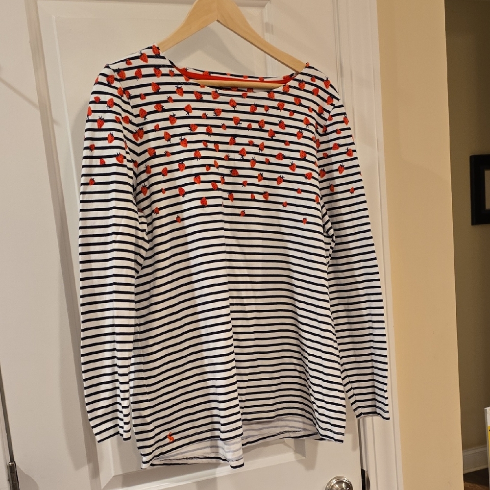 Joules Navy and White Striped Harbour Top with Red Strawberry Print